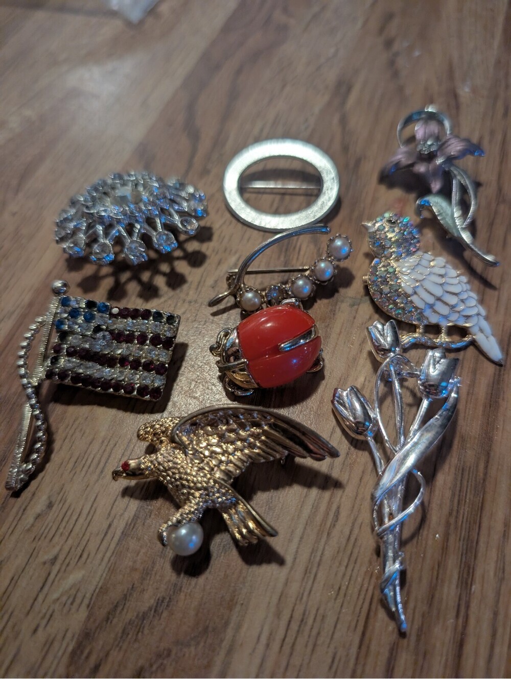 Vintage Mixed Metal and Enamel Brooch Collection - Birds, Flowers, Flag, and Bug
